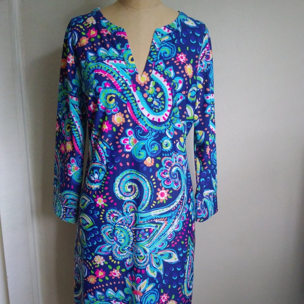ARYEH Women's Blue Pink Green Floral Paisley Dress Large Colorful